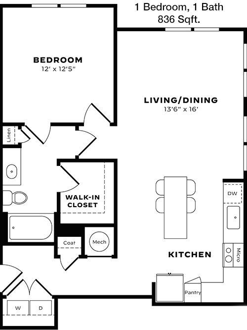 836 sq ft floorplan layout