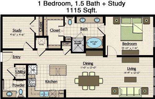 1,115 sq ft floorplan layout