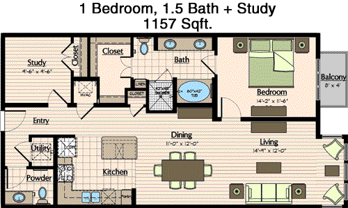 1,157 sq ft floorplan layout