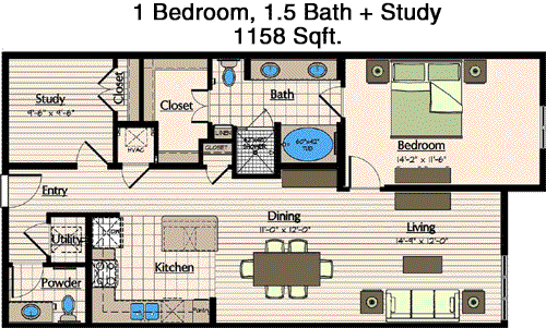 1,158 sq ft floorplan layout