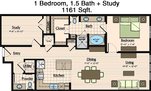 1,161 sq ft floorplan layout