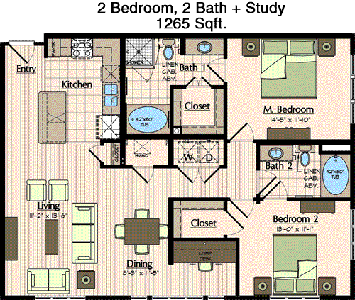 1,265 sq ft floorplan layout