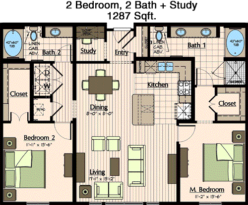 1,287 sq ft floorplan layout