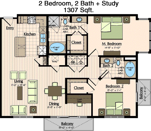 1,307 sq ft floorplan layout