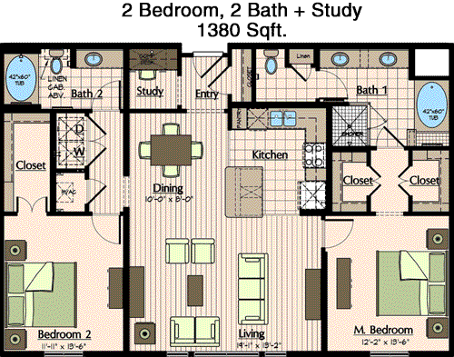 1,380 sq ft floorplan layout