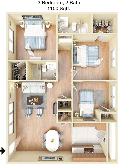 1,100 sq ft floorplan layout