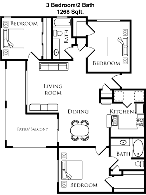 1,268 sq ft floorplan layout