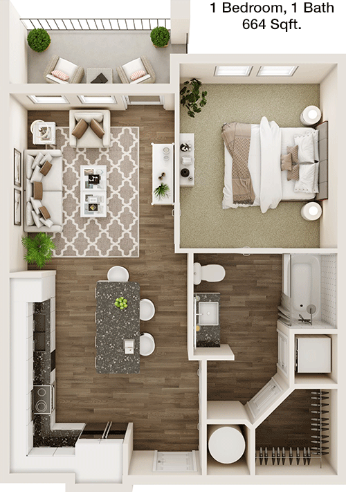 664 sq ft floorplan layout