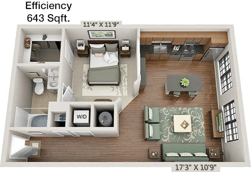 643 sq ft floorplan layout