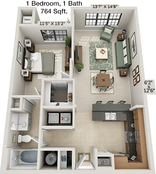 764 sq ft floorplan layout