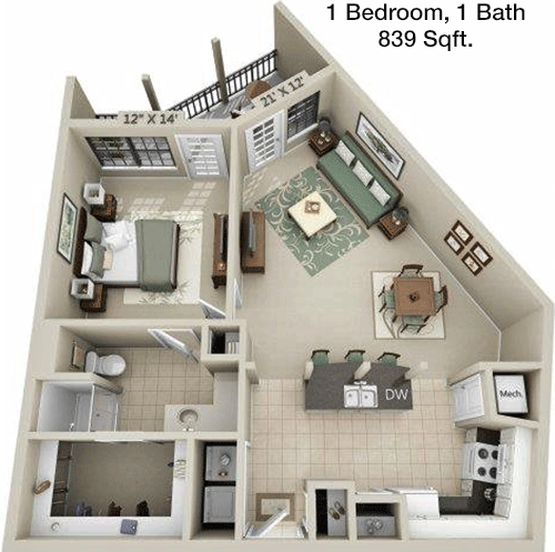 839 sq ft floorplan layout