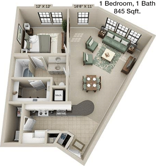 845 sq ft floorplan layout