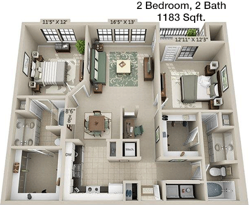 1,183 sq ft floorplan layout