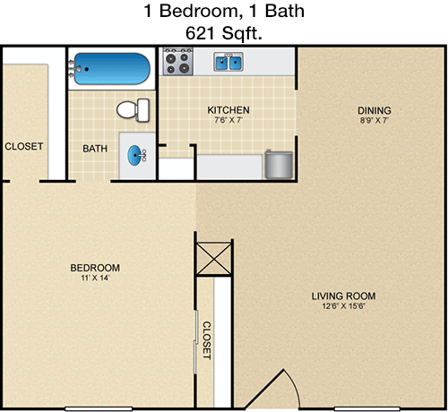621 sq ft floorplan layout