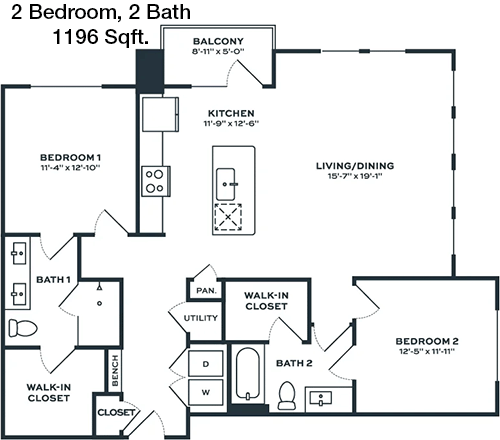 1,196 sq ft floorplan layout