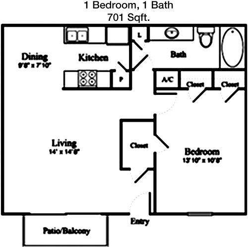 701 sq ft floorplan layout