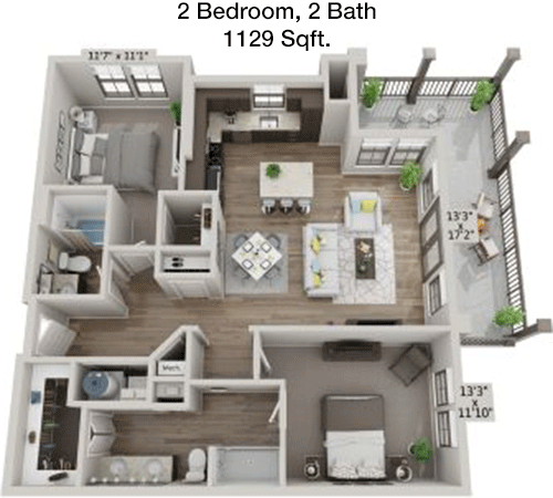 1,129 sq ft floorplan layout