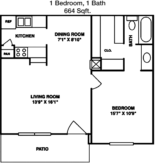 664 sq ft floorplan layout