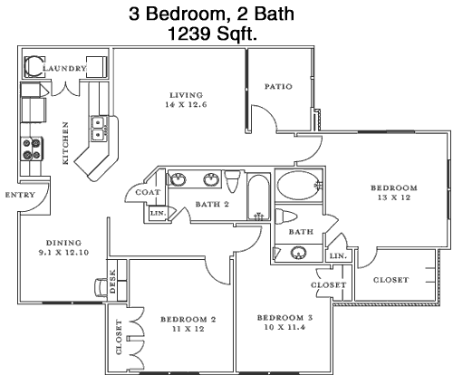 1,239 sq ft floorplan layout