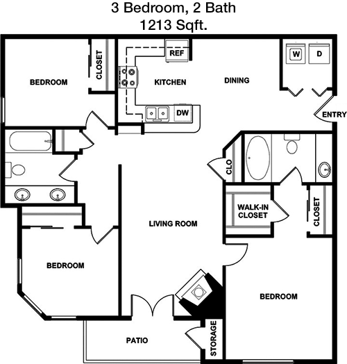 1,213 sq ft floorplan layout
