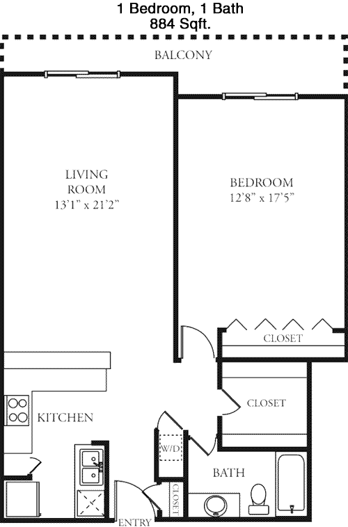 884 sq ft floorplan layout