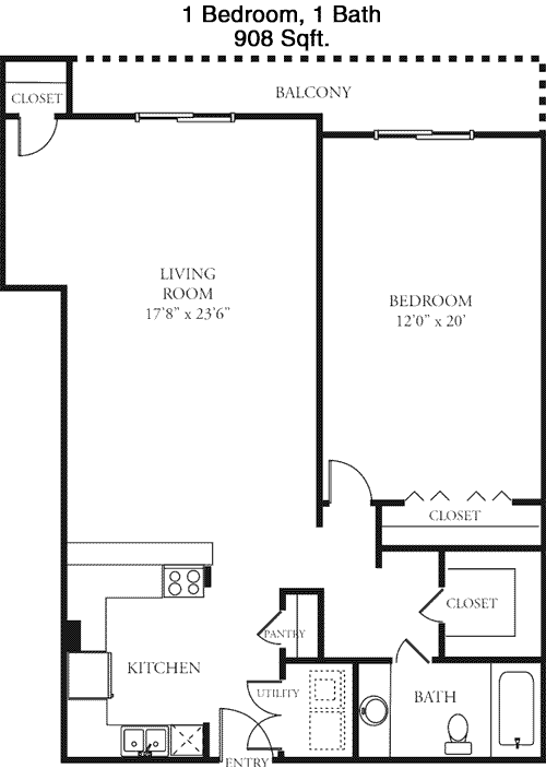 908 sq ft floorplan layout