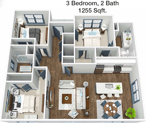 1,255 sq ft floorplan layout