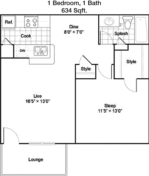One Bedroom One Bath floorplan layout