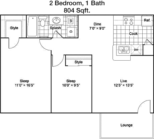 Two Bedroom One Bath floorplan layout