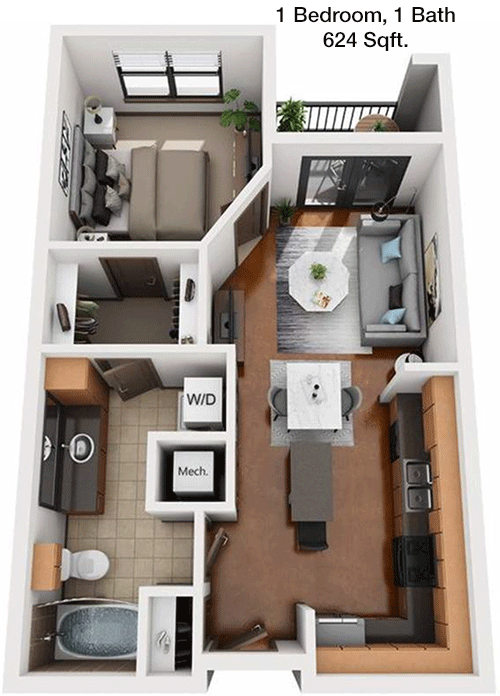 624 sq ft floorplan layout