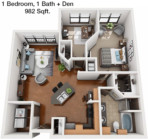 982 sq ft floorplan layout