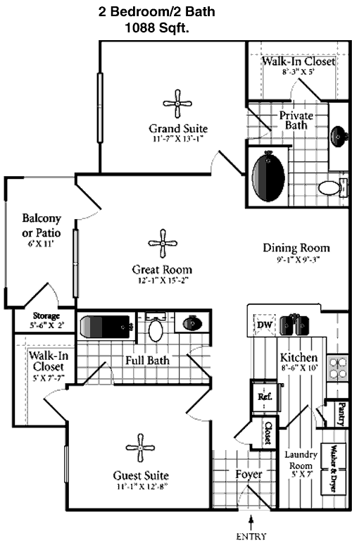 1,088 sq ft floorplan layout