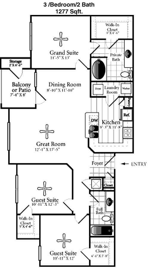 1,277 sq ft floorplan layout