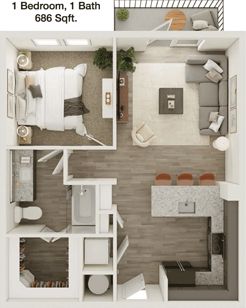 686 sq ft floorplan layout