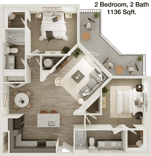 1,136 sq ft floorplan layout