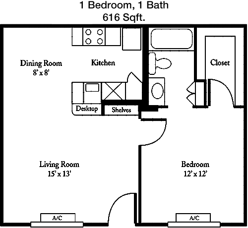 616 sq ft floorplan layout