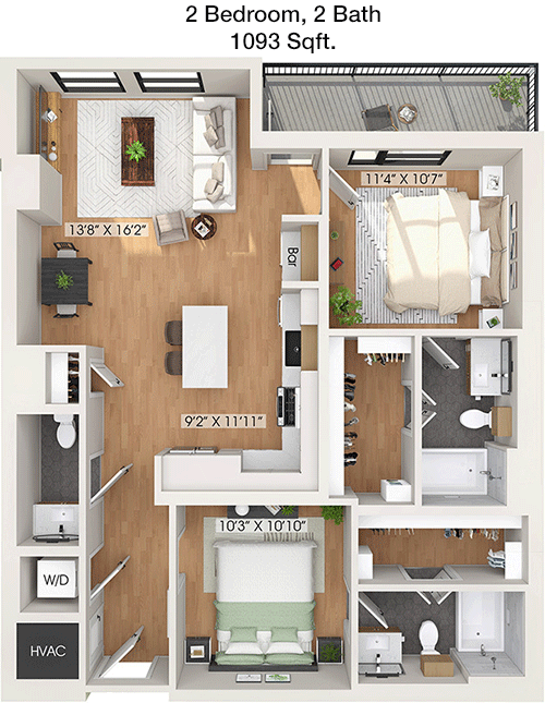 1,093 sq ft floorplan layout