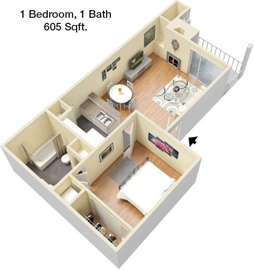 605 sq ft floorplan layout