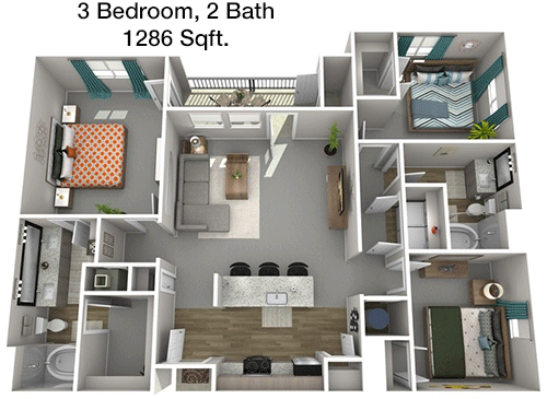 1,286 sq ft floorplan layout