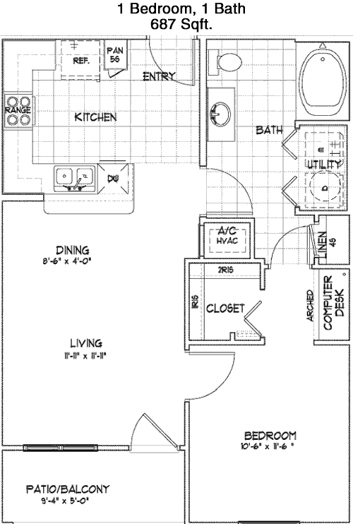 687 sq ft floorplan layout