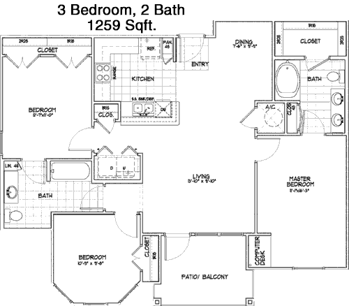 1,259 sq ft floorplan layout