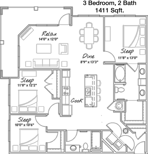 1,411 sq ft floorplan layout
