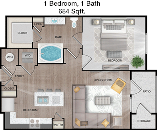 684 sq ft floorplan layout