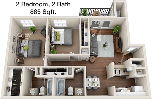 885 sq ft floorplan layout