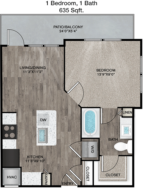 635 sq ft floorplan layout