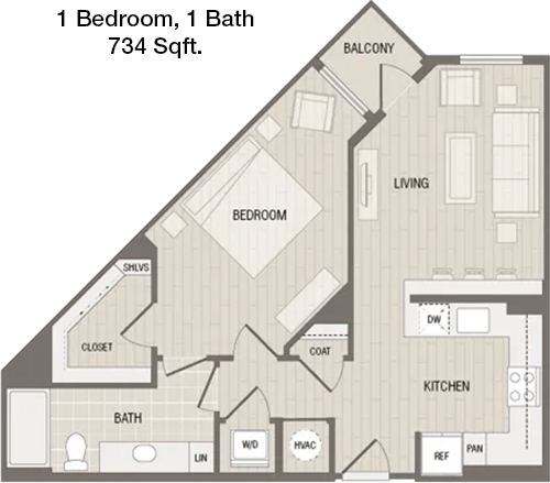 734 sq ft floorplan layout