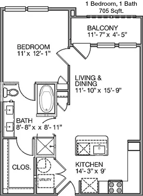 705 sq ft floorplan layout