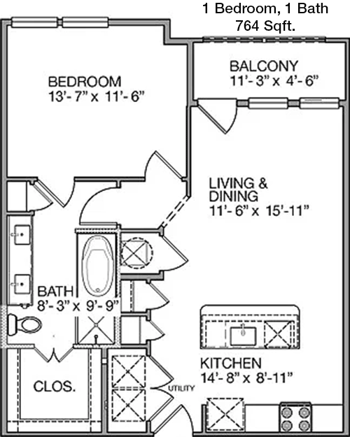 764 sq ft floorplan layout