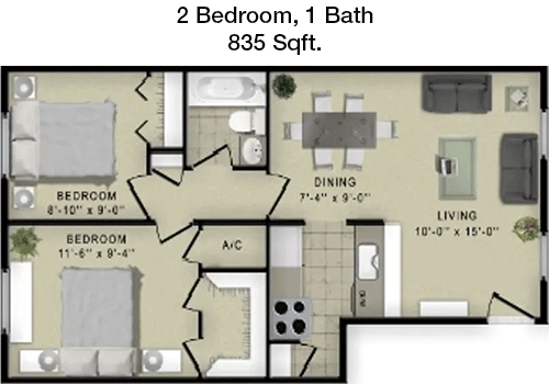 835 sq ft floorplan layout