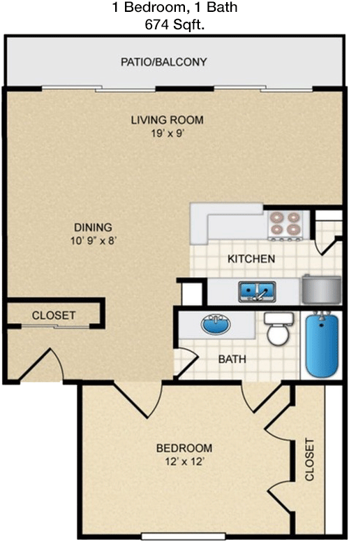 674 sq ft floorplan layout